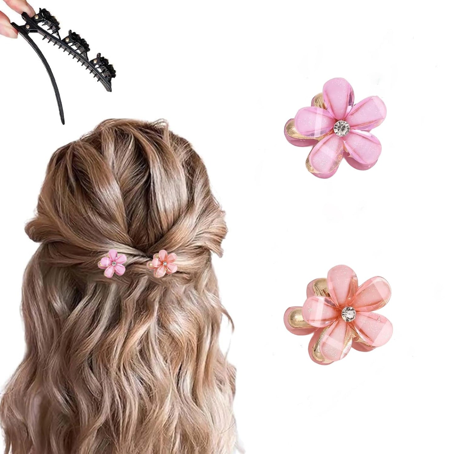 PreciRise 2 Pcs Small Mini Pearl Claw Clips with Flower Design, Sweet Artificial Bangs Clips Decorative Hair Accessories for Wom
