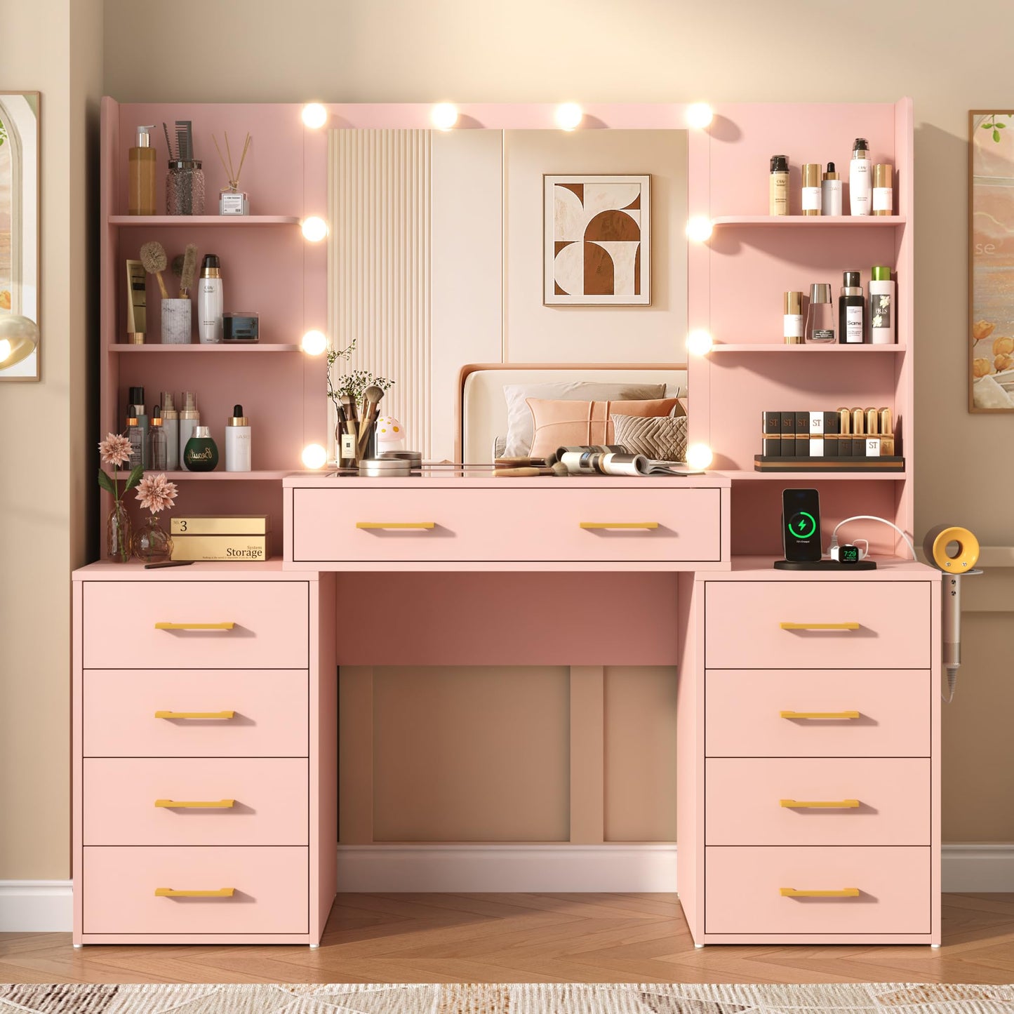 jiteentarou 55 in Glass Top Vanity Desk with Mirror and Lights, Large Vanity Makeup Mirror Desk with Charging Station Compartment Storage Drawers, Modern Makeup Vanity with 9 Drawers 6 Shelves, Pink
