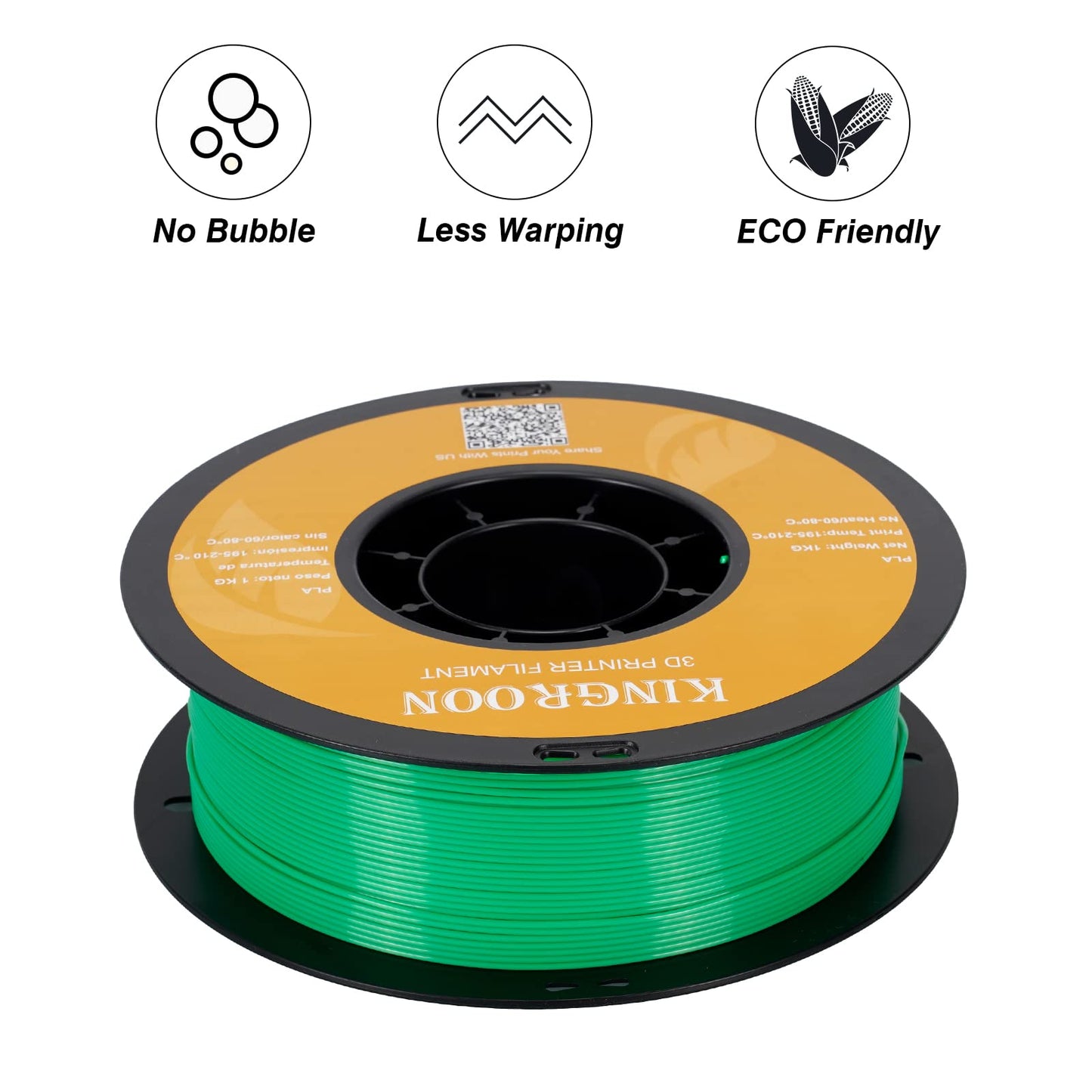 Kingroon PLA 3D Printer Filament, Dimensional Accuracy +/- 0.02 mm, 1 kg Spool(2.2lbs), 1.75 mm，Green
