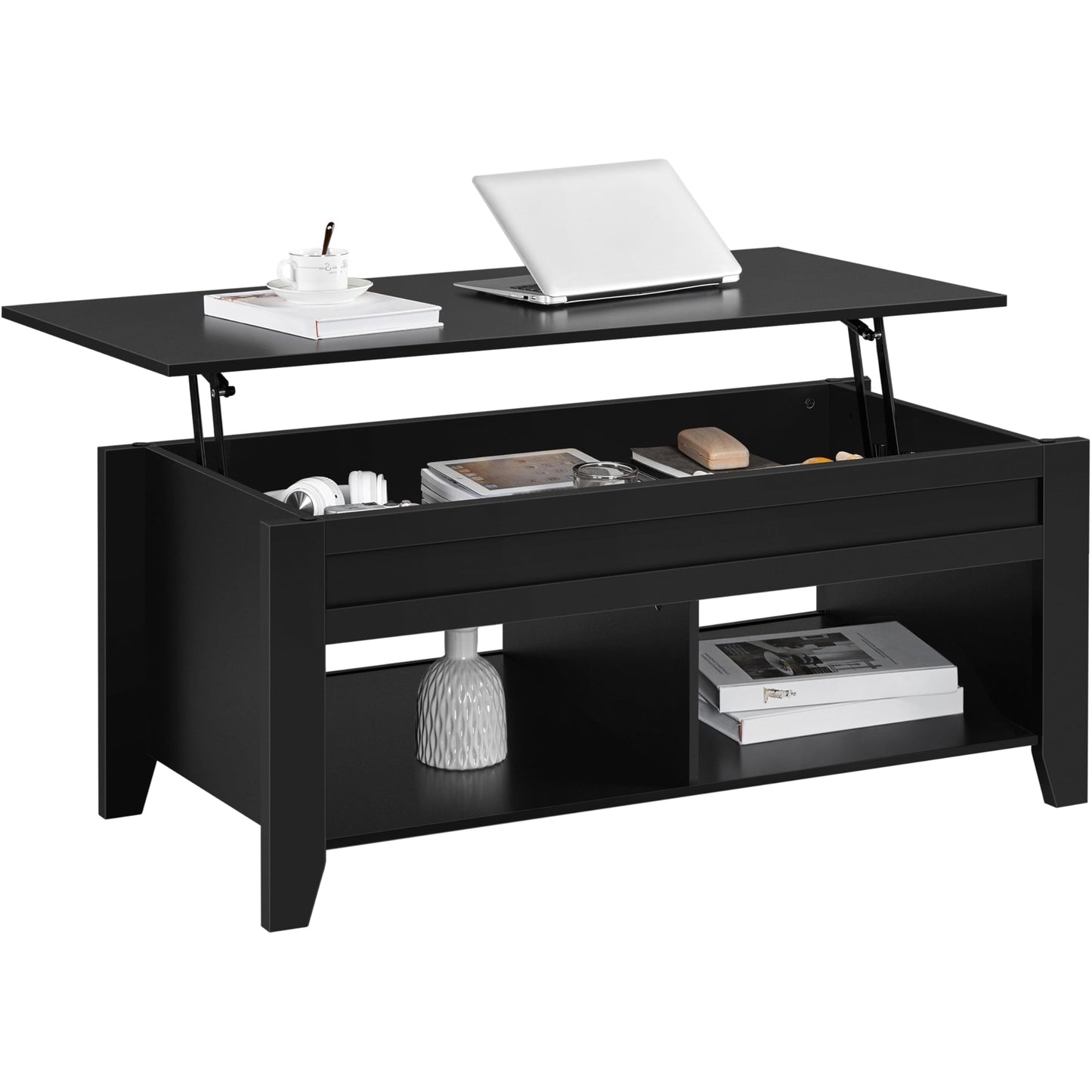 Yaheetech Black Coffee Table, Lift Top Coffee Tables with Hidden Storage Compartment & Open Shelf, Lift Tabletop Pop-Up for Living Room Reception, 47.5inch L