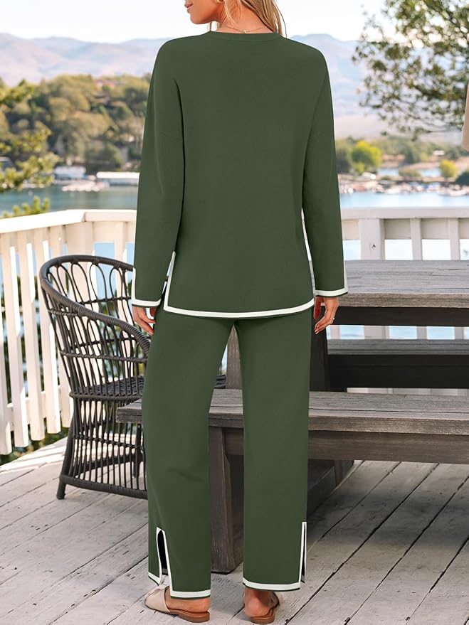 LILLUSORY Women Fall 2 Piece Lounge Set Outfits Sweatsuits Long Sleeve Sweater Tops Wide Leg Pants