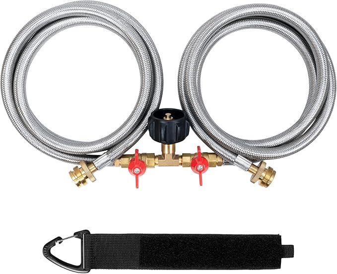 Propane Y Splitter Hose 2 Way Stainless Steel Braided Y Splitter CGA Propane Tank Converter Adapter Hose 5 FT Propane Hose...