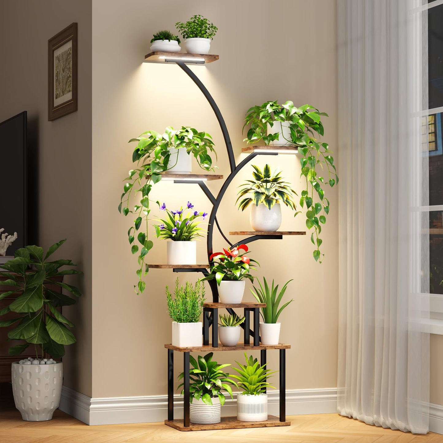 CYXPHION C3 Plant Stand Indoor with Grow Lights, 8 Tiered 62.2" Tall Plant Stand, Corner Large Metal & Wood Plant Shelf, S-Shaped Plant Display Shelves for Living Room, Patio, Outdoor