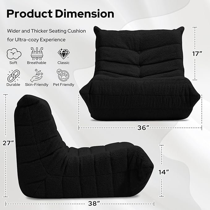 HABUTWAY Bean Bag Chairs Fireside Lazy Floor Sofa, Soft Teddy Fleece Bean Bag Sofa with High-Resilience Foam Filling，Beanbag for Living Room, Bedroom, Office (Black Teddy)