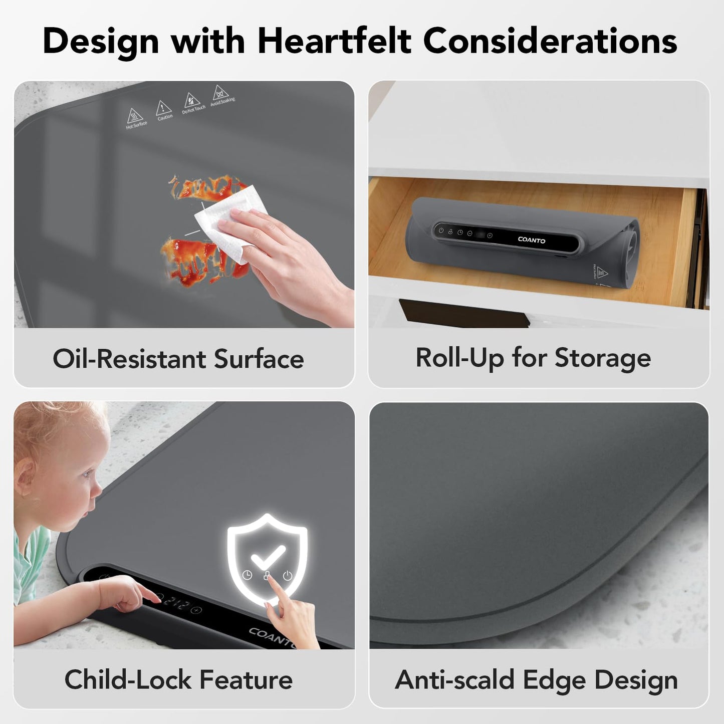 Food Warming Mat, Food Warmers for Parties Buffet, Silicone Heating Mat with 7 Temperature Settings, Roll-Up Storage, 17.91"x12.8", Grey