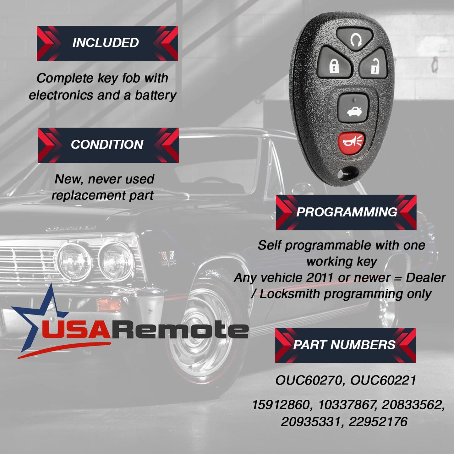 Key Fob Keyless Entry Remote With Ignition Key Fits Cadillac Dts / Chevy Impala Monte Carlo 2006 2007 2008 2009 2010 2011 2012 2