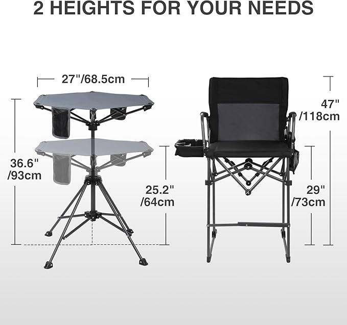 Stonehomy Tall Folding Directors Chairs & Adjustable Height Folding Table Set,Portable Outdoor Bar Table & Foldable Director Chairs with Makeup Pocket for Backyard,Beach,Travel with Storage Bag