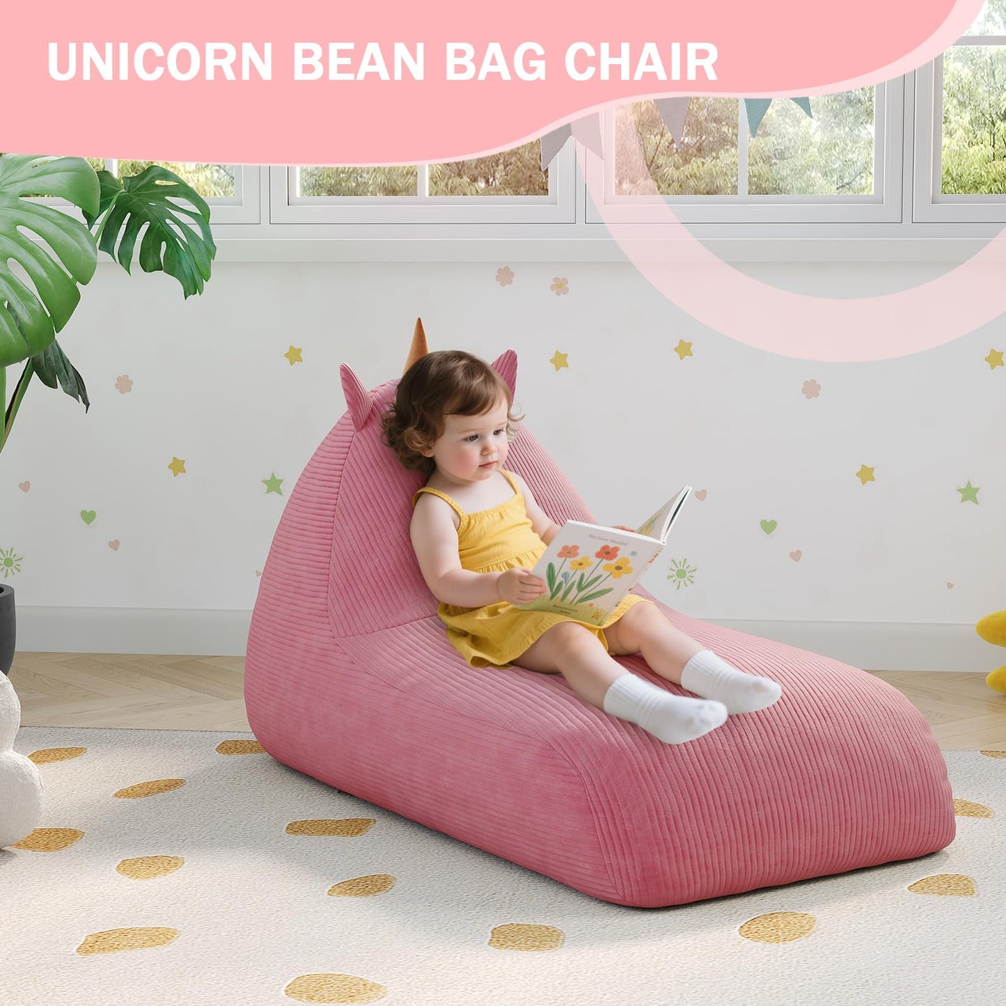 COMAX Bean Bag Chairs for Kids, Unicorn Kid Beanbag Chair with Filler, Toddler Lounge Bean Chair Corduroy, Lazy Floor Lounger for Girls and Boys Stuffed, Pink