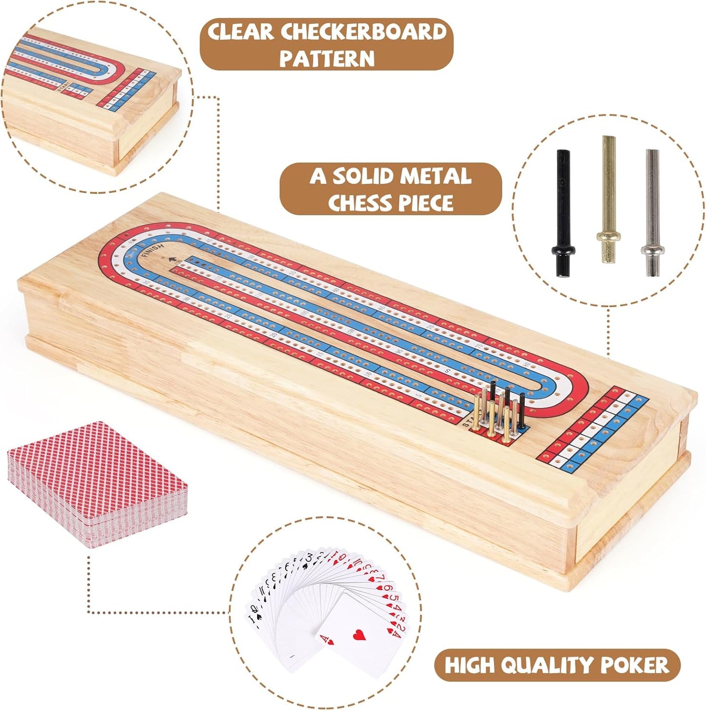 Wooden Cribbage Board Game Set with Storage Drawer & Metal Pegs – Premium 3-Track Cribbage Board with Cards, Portable Travel Strategy Game for Adults, Kids & Family Game Night