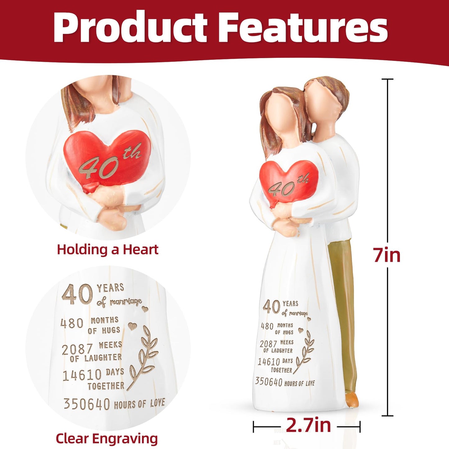 Hosetim 40th Anniversary Wedding Gifts for Couple,40th Anniversary Couple Figurine Gifts for Parents Wife Husband,Happy Ruby 40 Years of Marriage Hand-Painted Figure Gift for Him Her