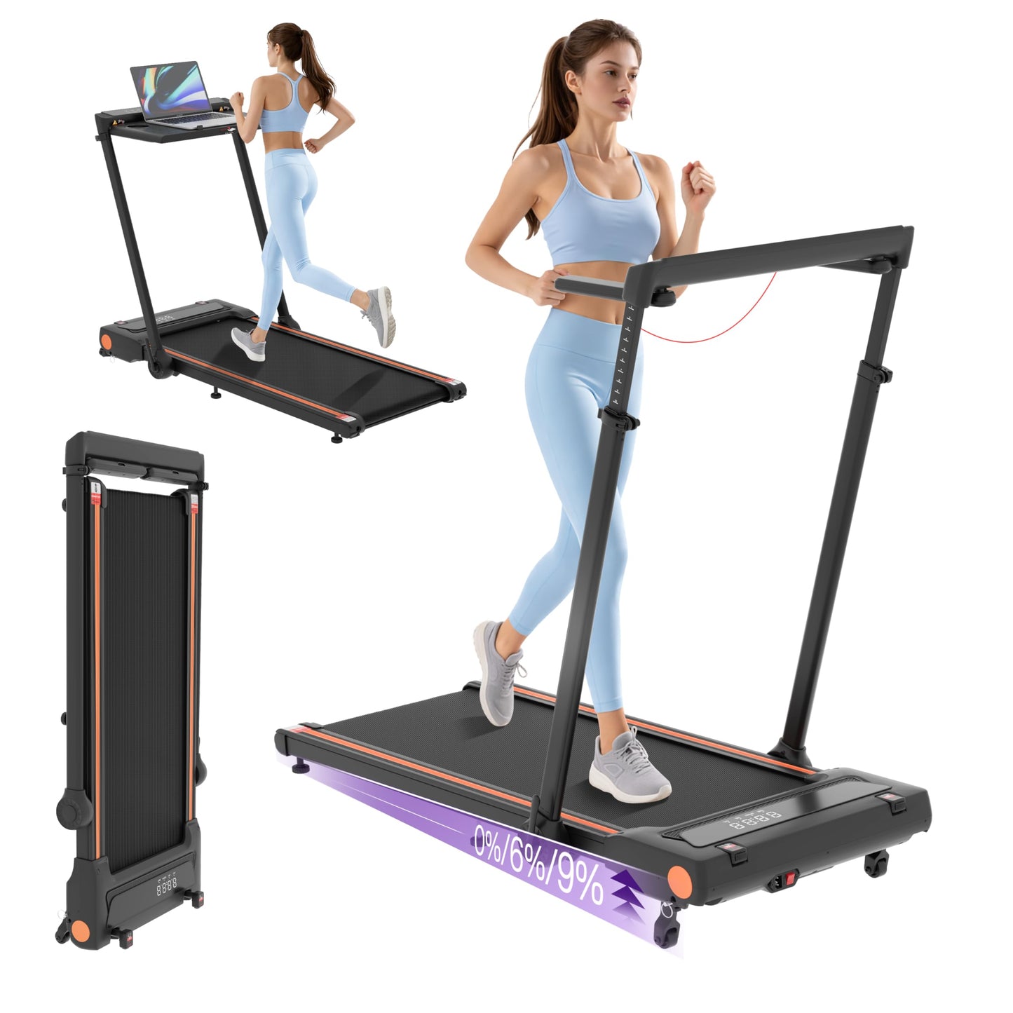 Walking Pad Treadmill for Home with Handle bar and Removable Desk, 4.0HP Foldable Under Desk Treadmill with Incline, 0.6–8 MPH, 330 lb Compact Treadmill for Small Spaces with Wristband Remote Control