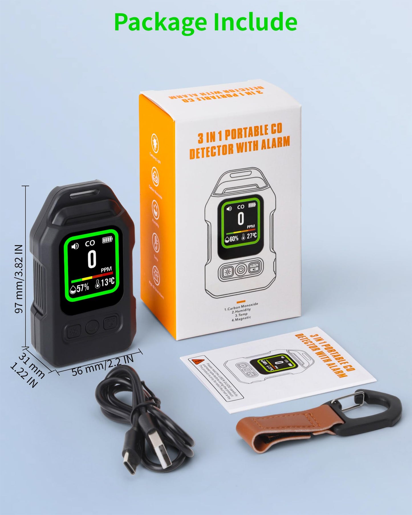 Portable Carbon Monoxide Detectors for Travel, 3-in-1 CO Detector with Magnetic Back, 300H Standby, Rechargeable CO Detector with Temp/Hum Audible & Visual Alarm for Camping Hotel Travel Tent Car RV
