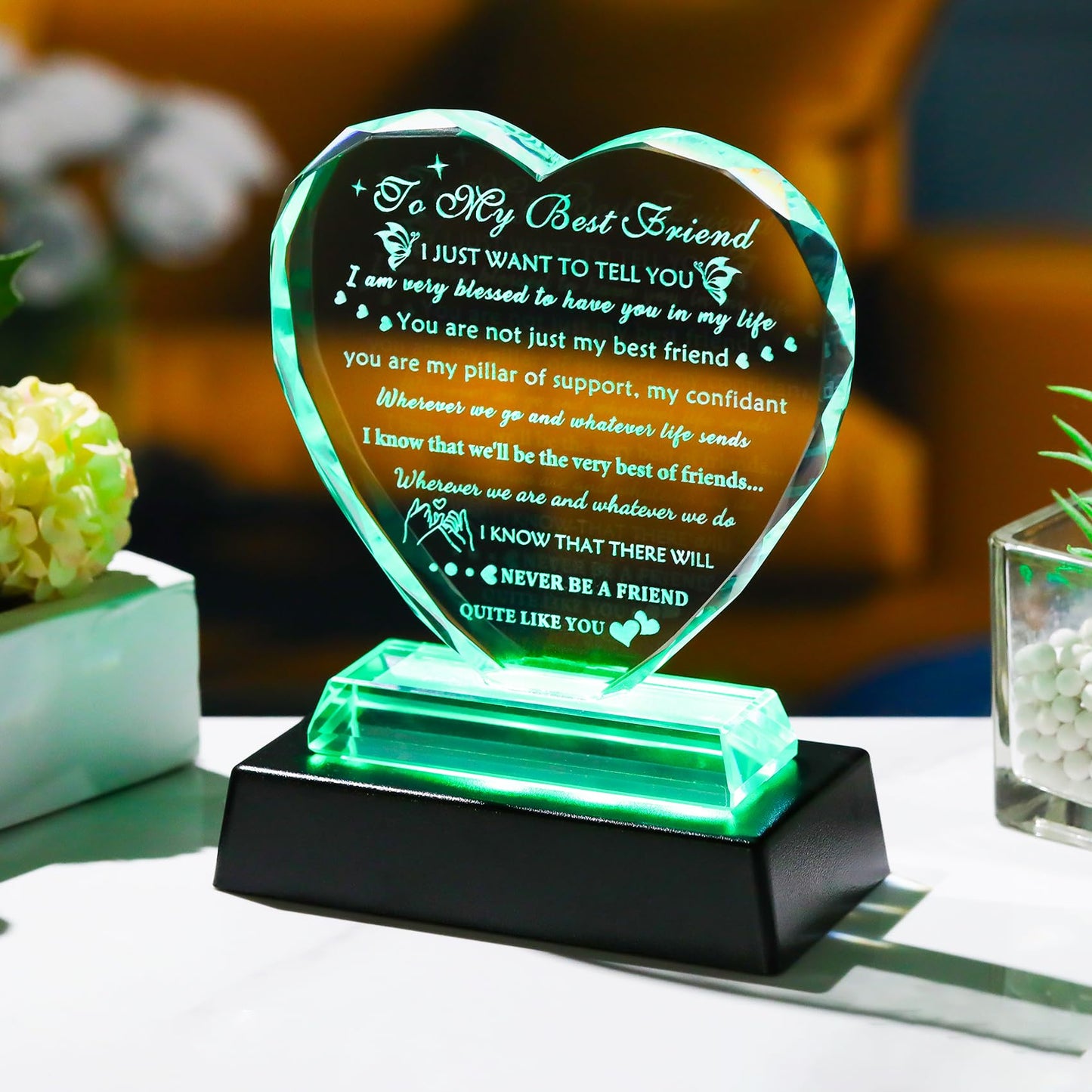 YWHL Best Friend Birthday Gifts with LED Base Bestie Gift for Women Crystal Heart Friendship BFF Gifts for Women Gift Ideas for Best Friend Female on Christmas