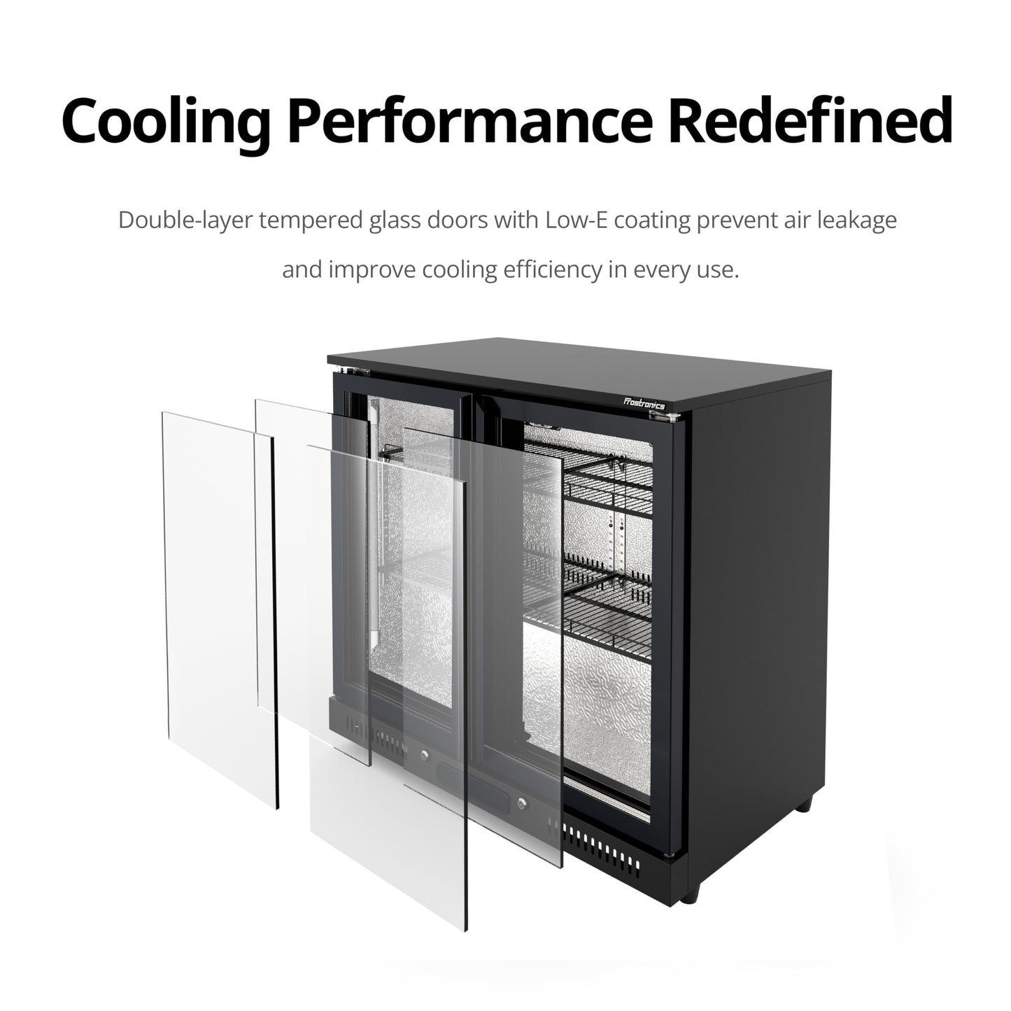 Frostronics 36 inch 206 cans Duo Hinged Door Back Bar Beverage Cooler, 6.75 cu. ft. Under Counter Glass Door Bar Fridge with hinged doors, lockable, 32-50°F Display Refrigerator, ETL Certified, Black