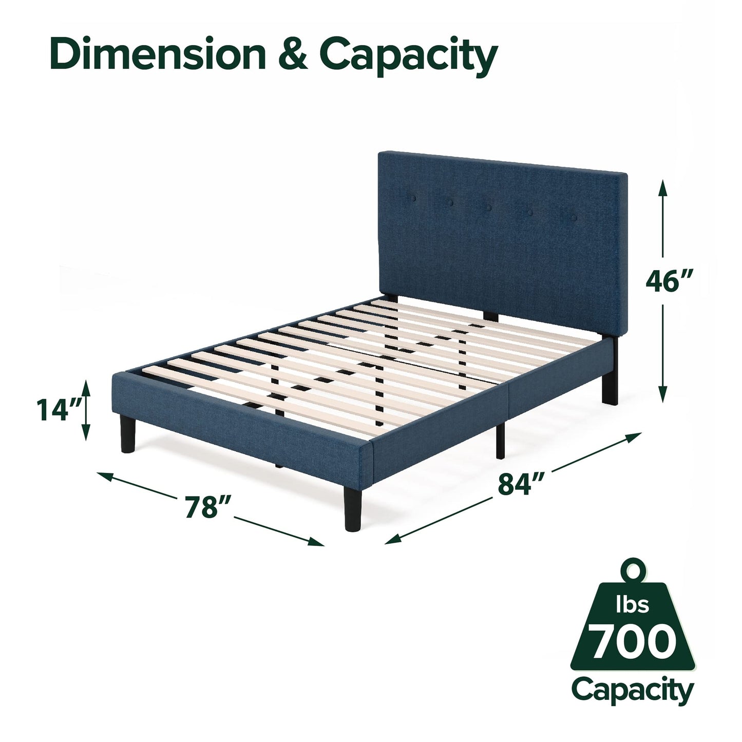 Zinus Omkaram Upholstered Platform Bed Frame, Mattress Foundation, Wood Slat Support, No Box Spring Needed, Easy Assembly, King, Navy