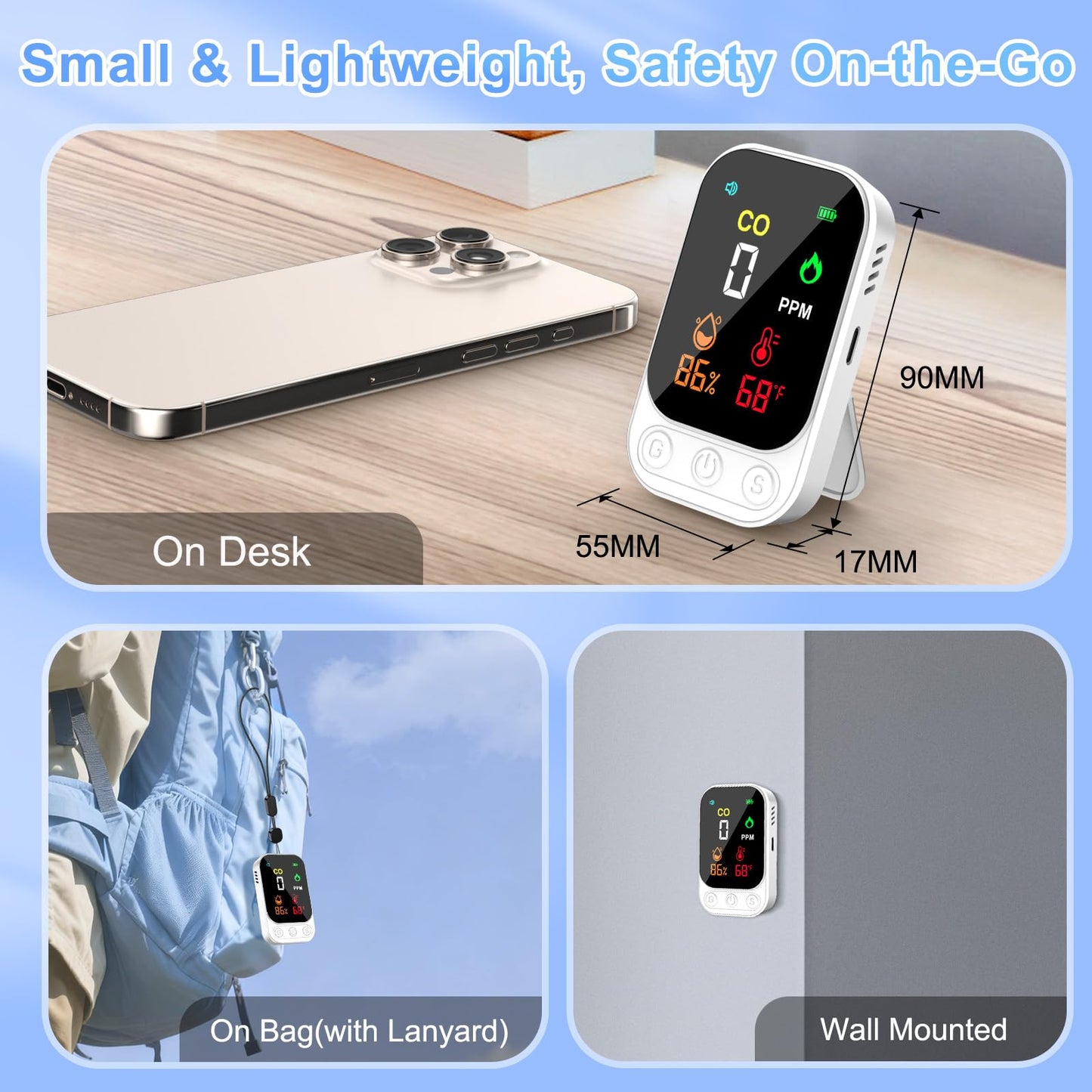 Portable Carbon Monoxide Detectors, 3-in-1 CO Detector – Mini CO, Temp & Humidity Sensor with 85 dB Alarm, Fold-Out Kickstand & Lanyard, Ultra-Low-Power Plug-Free Safety for Home, RV, Camp or Hotel
