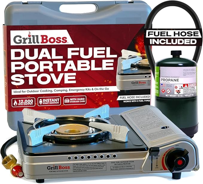Grill Boss Dual Fuel Camp Stove - 12,000 BTU Butane & Propane Portable Stoves for Camping, Emergencies, BBQ, Hiking & Back...