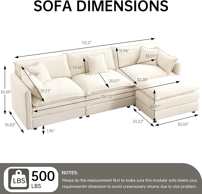 saows Modular Sectional Sofa, 112.2 Inch L Shaped Couch Set with Armrests, 3-Seater Comfy Cloud Couches with Movable Ottoman for Living Room Apartment, Beige