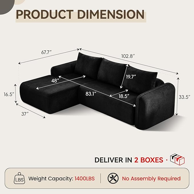 UMBFUN 103" Cloud Sectional Couch for Living Room, Boneless Couch with L-Shape Chaise, Modular Sectional Sofa with Deep Seat, Oversized Modular Sofa for Bedroom, No Assembly Required, Corduroy