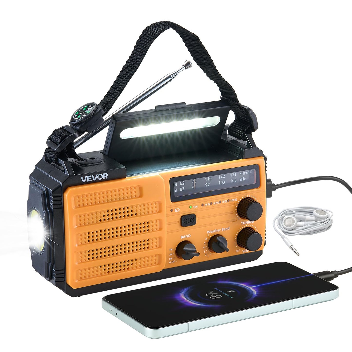 Vevor Emergency Weather Radio, 8000Mah Battery, Fm/Am/Wb/Noaa Alert Solar Hand Crank Emergency Radio, Type-C Charging, Usb Cable