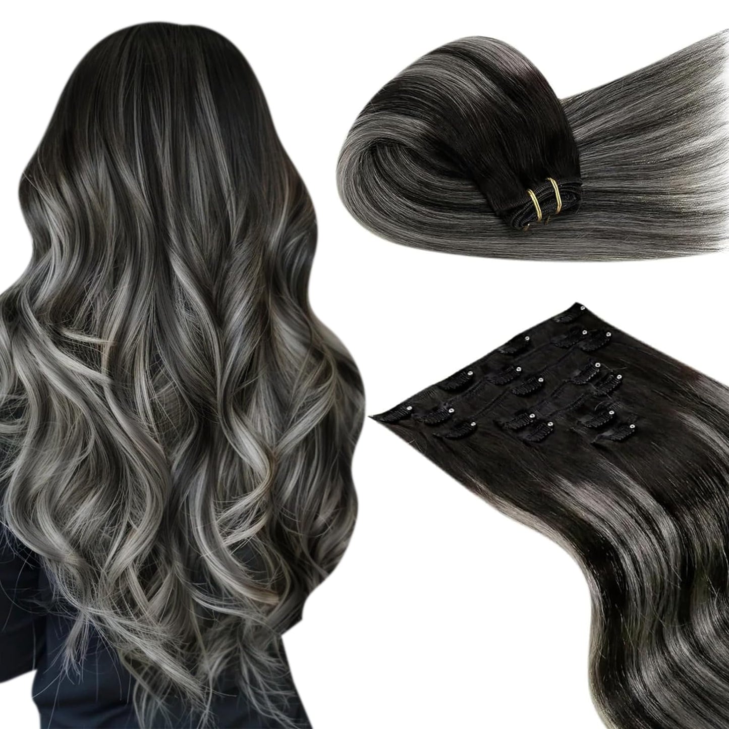 LaaVoo Real Hair Extensions Clip in Human Hair Ombre Natural Black to Silver Grey Mixed Black Balayage Human Hair Clip in Extens