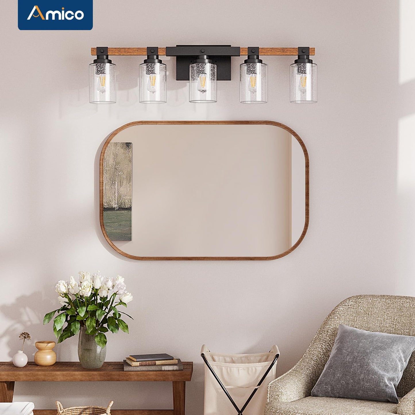 Amico Farmhouse Vanity Light Fixtures, Rustic 5-Light Industrial Painted Wood Lights for Bathroom, Vintage Black Wall Sconces with Bubble Glass Shade
