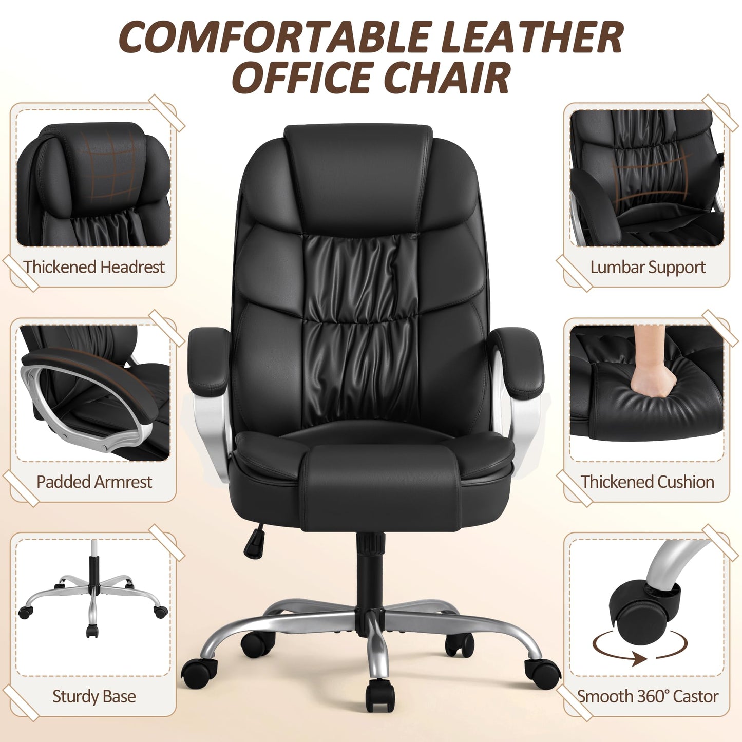 Homall Office Chair High Back Computer Desk Chair, PU Leather Adjustable Height Modern Executive Swivel Task Chair with Padded Armrests and Lumbar Support (Black)