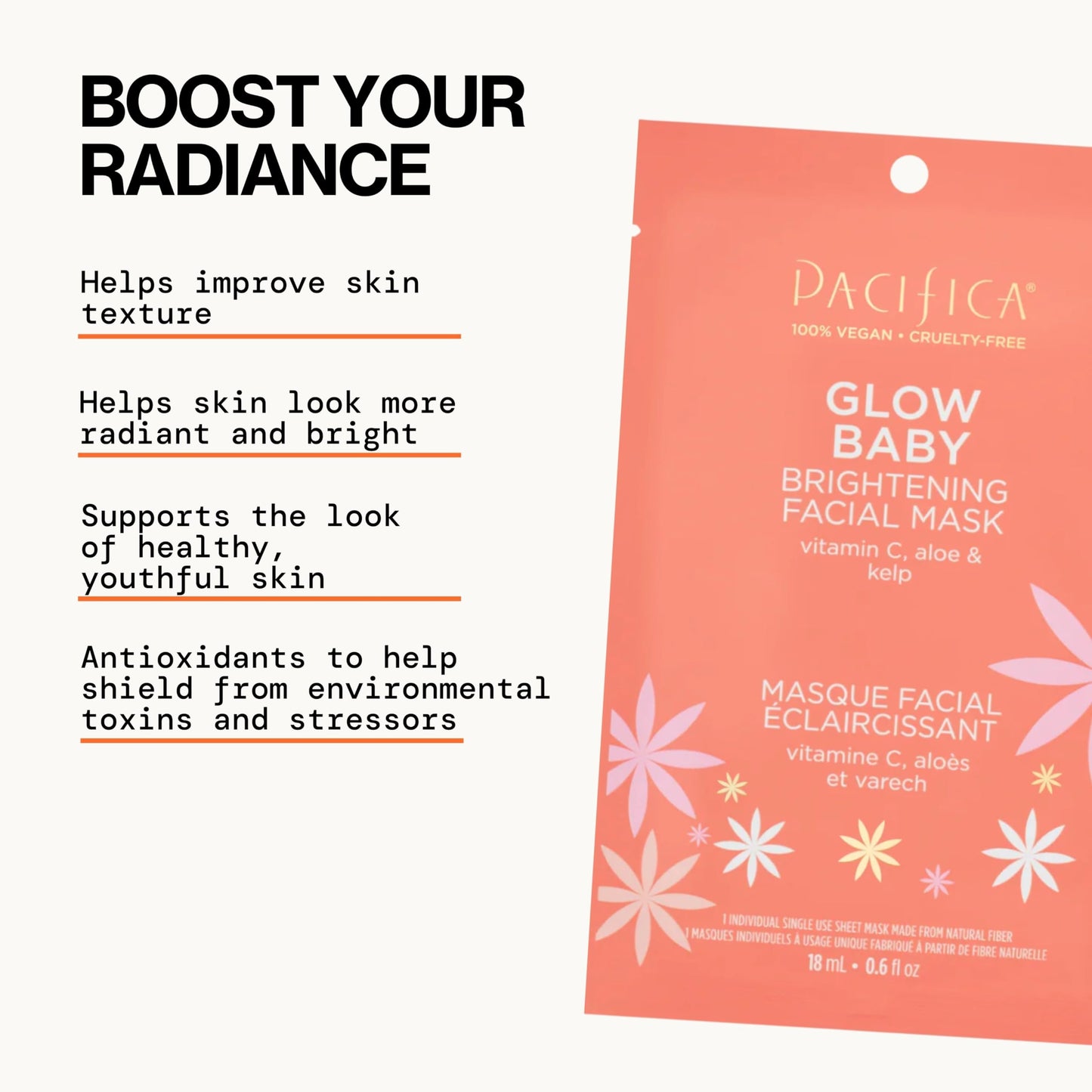 Pacifica Sheet Face Mask - 6 Pack - Glow Baby Brightening Facial Mask w/Vitamin C, Aloe & Kelp - Cooling Mask for Dark Spots & F