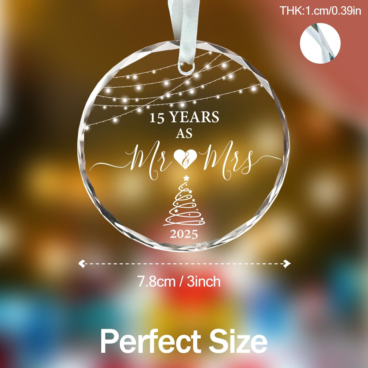 15 Year Anniversary Ornament 2025, 15th Anniversary Wedding Gifts for Couple, 3" Glass Keepsake Valentines Gifts for 15 Year Wedding Christmas Ornaments 2025