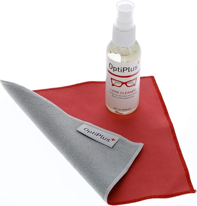 OptiPlus All-Natural Lens Cleaning Spray and Dual-Purpose Microfiber Cloth | Streak-Free Spray for Glasses, Laptops Screens, Smart Phones, Optical Lens, Goggles, and Watch Screen l Travel Size l 2oz