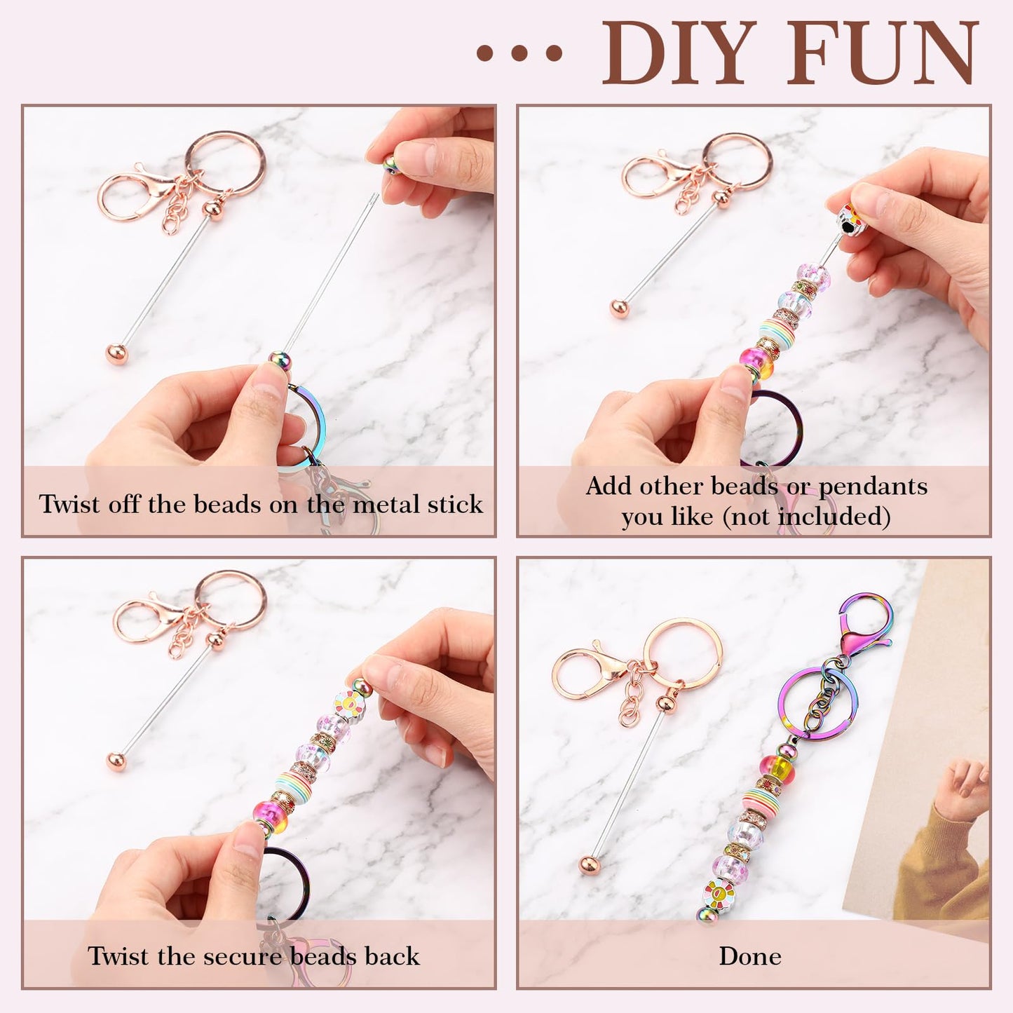 Tondiamo 24 Pcs Beadable Keychain Bars Bulk Beads for Keychain Making Kit Gifts for Women Men DIY Crafts(Multicolor)