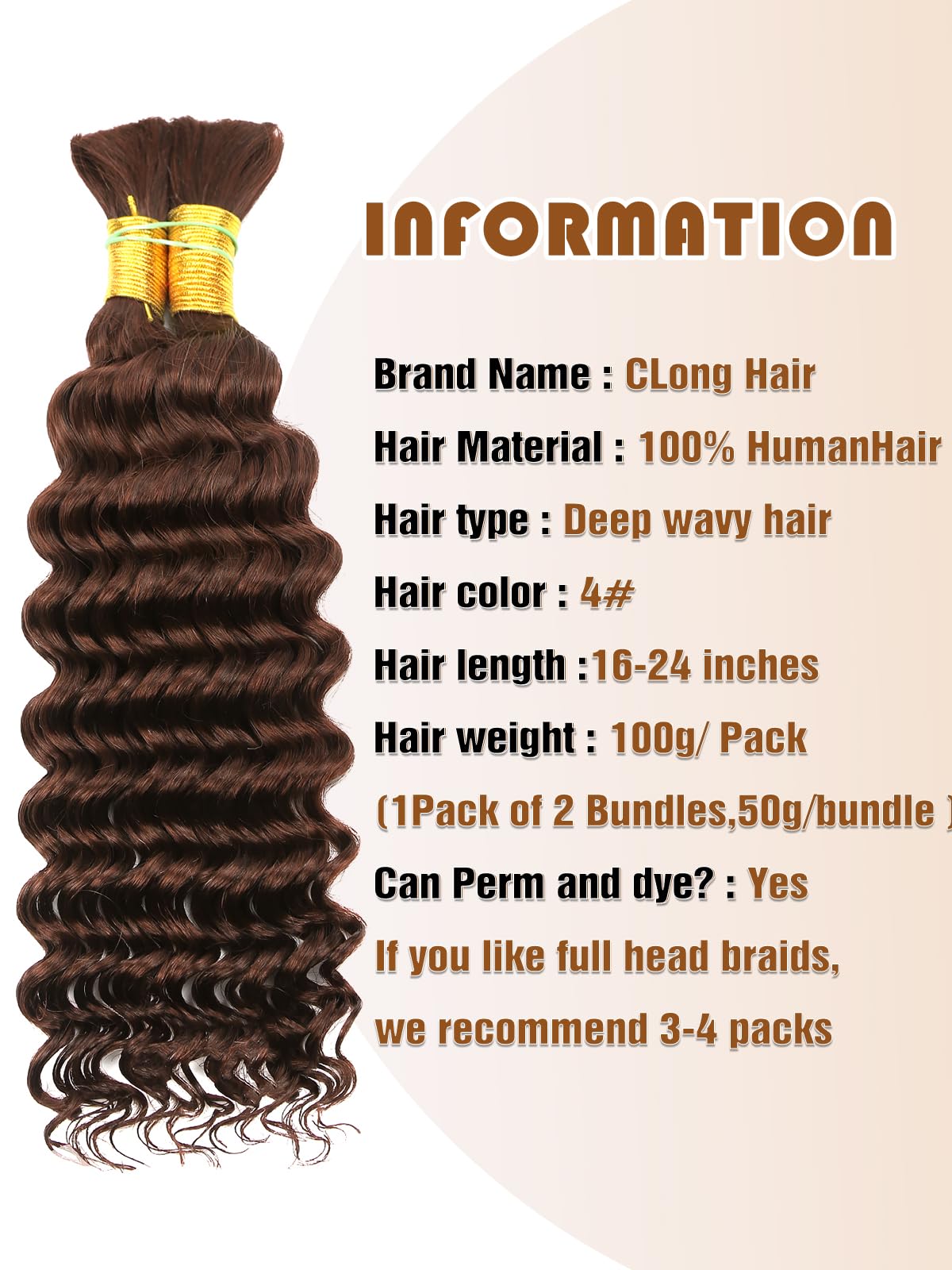 Chocolate Brown Human Braiding Hair Deep Wave Bulk, 4# Color No Weft Curly Braiding Hair Extensions for Boho Braids Wet and Wavy