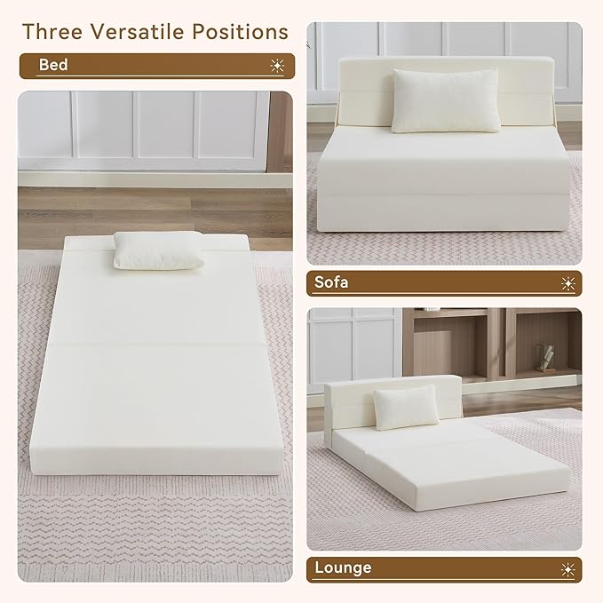 WUTUTUEE Folding Sofa Bed Convertible Floor Couch Foldable Chair Bed with Pillow，Linen Sleeper Chair Futon,Foldable Memory Foam Mattress for Bedroom/Living Room/Dorm/Office (Beige, Standard)