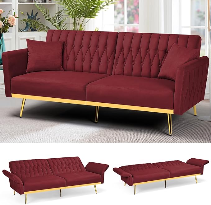 ACMEASE 70” Velvet Futon Sofa Bed with 2 Pillows and Adjustable Armrests, Convertible Sleeper Bed W/Adjustable Backrests, Modern Loveseat for Living Room, Bedroom, Red