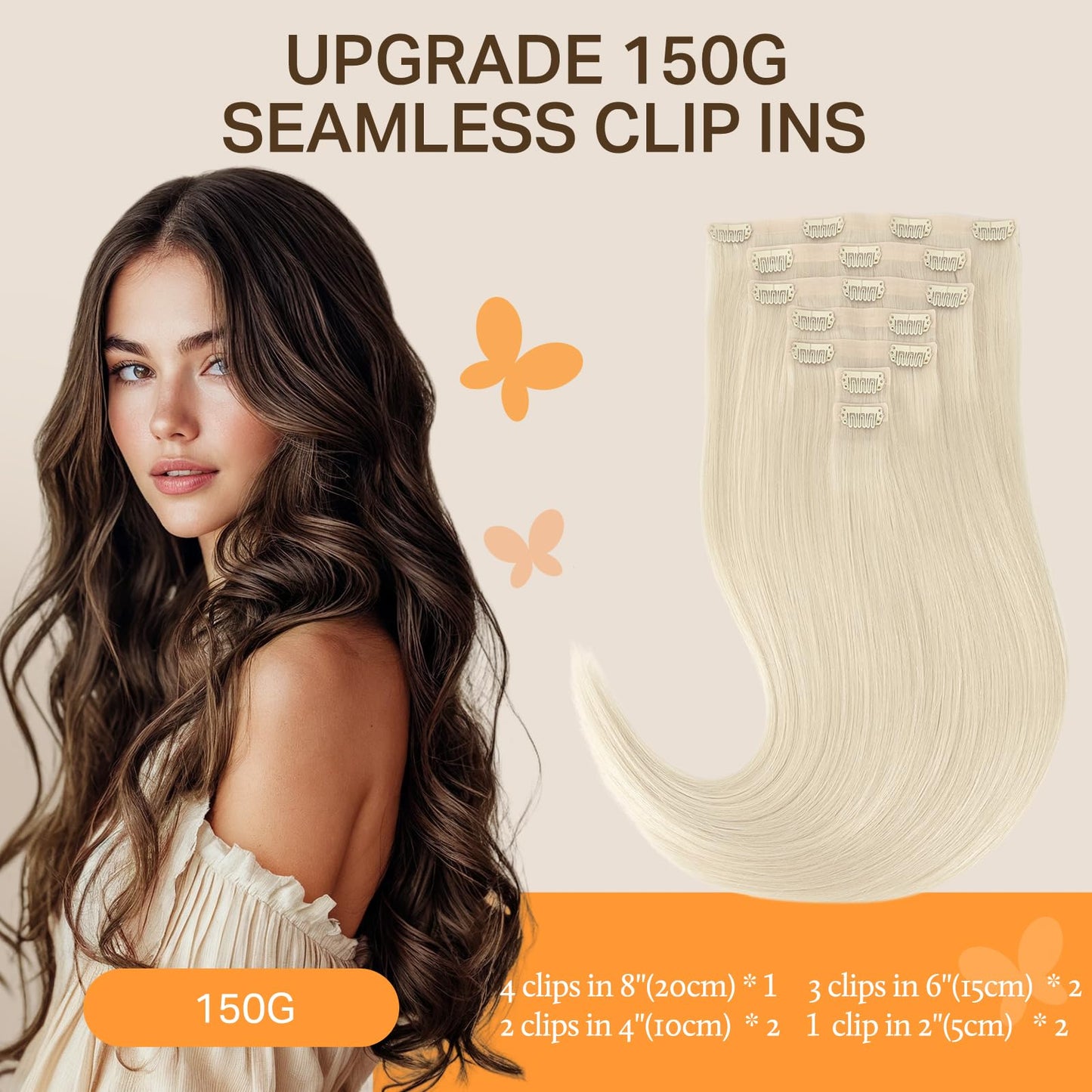 DOORES Human Hair Clip in Extensions, Platinum Blonde Virgin, Invisible Edge, 150g 7pcs 20 Inch Silky Straight for Women