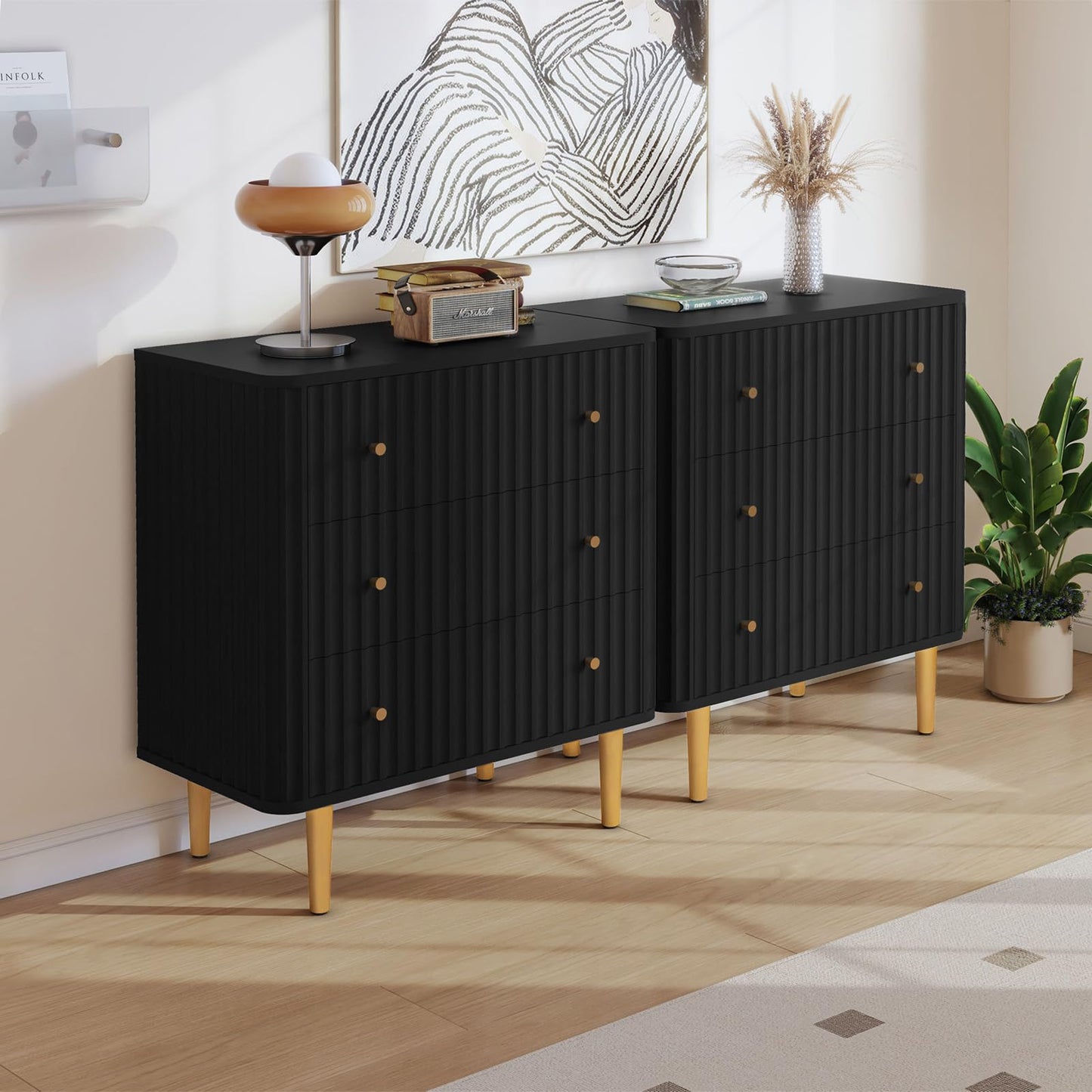 HLR Black Modern 3 Drawer Dresser for Bedroom - Wood Storage Cabinet with Fluted Texture, Spacious Chest of Drawers Organizer for Living Room,Closet,Hallway