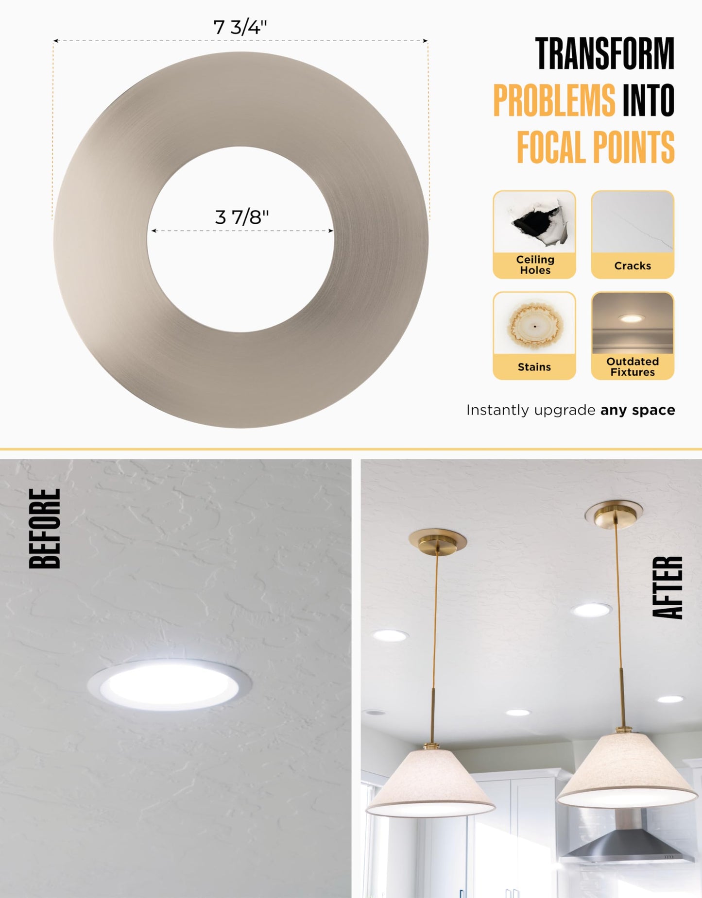 The Can Converter R56 Recessed Can Light Conversion Kit w/ 7"¾ Flat Ceiling Medallion - Home Improvement for 5" & 6" Cans, Converter Kit for Ceiling Fan & Light Fixture, UL Certified, Satin Nickel