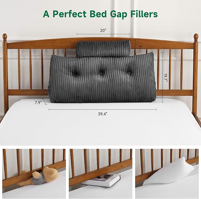 Z-hom Large Wedge Pillow Headboard, Twin Triangular Headboard Pillow, Reading Pillow Standard Bed with a Roll Pillow for Bed Sitting Up Sleeping, Backrest Cushion Headboard Gap Pillow for Back, Grey