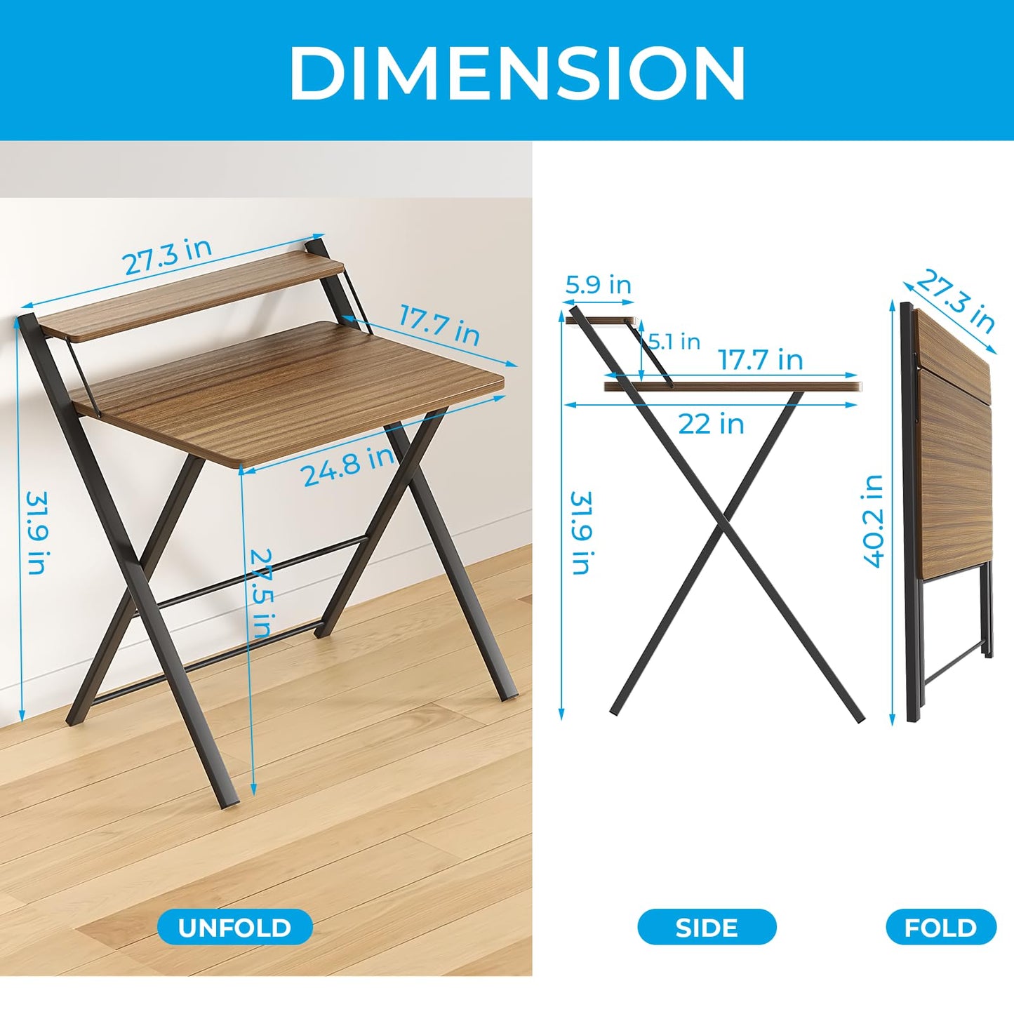 GreenForest No Assembly Folding Desk, 2-Tier Compact Computer Desk with Shelf, Space Saving Foldable Table for Home Office, Dorm or Apartment, Portable Collapsible Sturdy Laptop Desk, Espresso