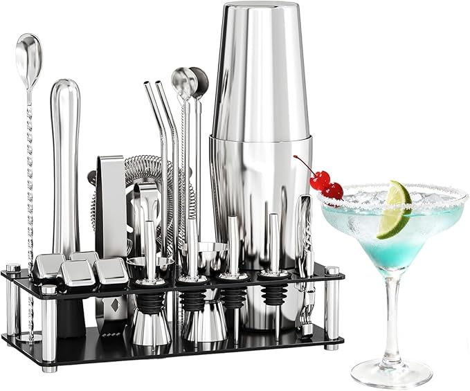 EffiQ-Rate Cocktail Shaker Set Bartender Kit, 24-Piece Boston Stainless Steel Bar Tool Set with Acrylic Stand Bars Set wit...