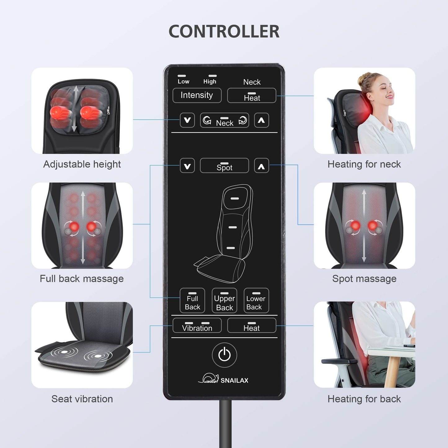 Snailax Shiatsu Back Massager with Heat -Deep Kneading Massage Chair Pad with Adjustable Intensity, Shiatsu Chair Massager to Relax Full Body Muscle，Gift for Mother