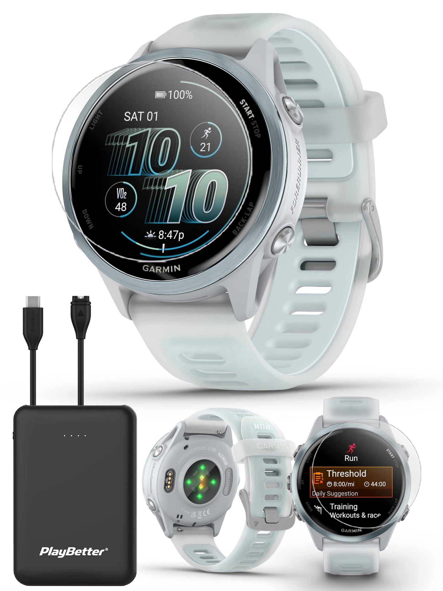 Playbetter Garmin Forerunner 570 (42 Mm, Cloud Blue/Translucent Whitestone) Running Gps Smartwatch - Amoled Display, Training &
