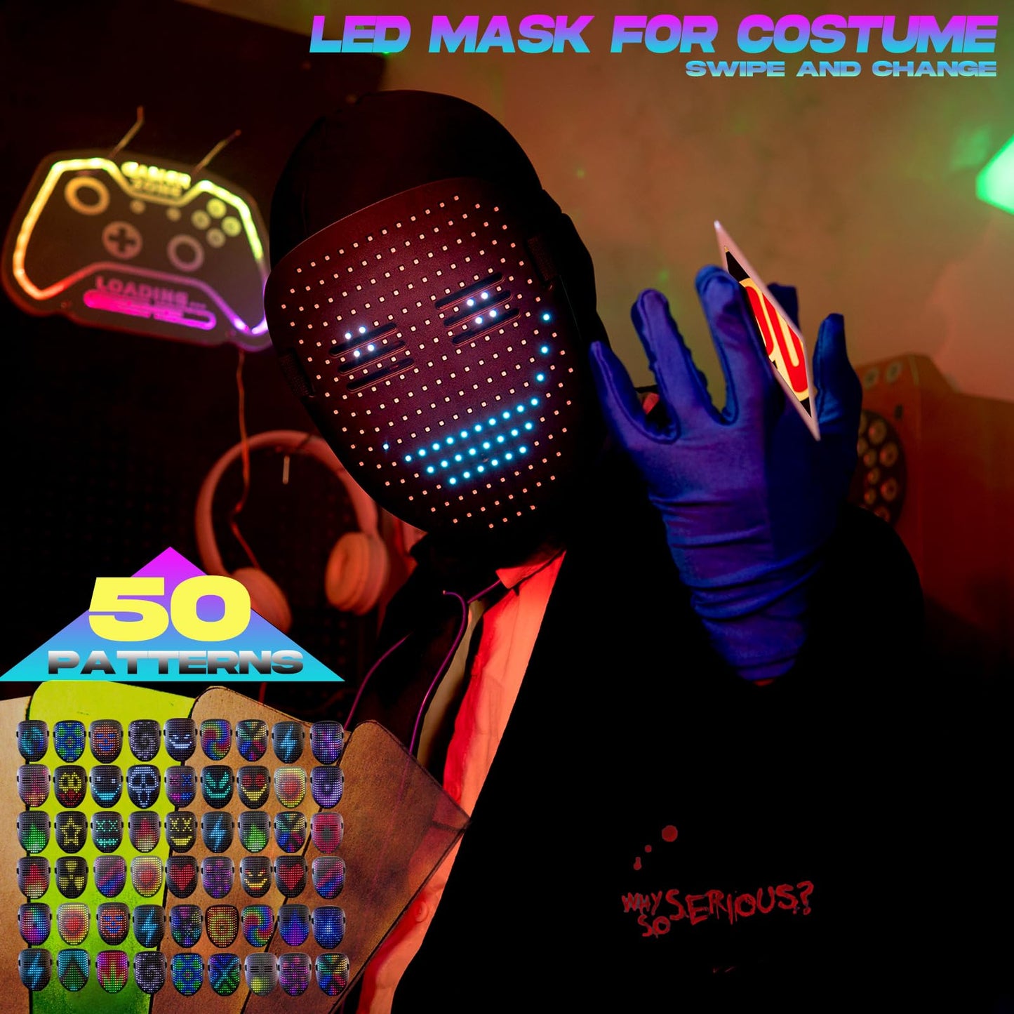 Foggizo LED Mask Halloween, LED Mask for Kids, 50 Face Options, Great Gift for Boys Girls, Toy for Halloween Christmas Party