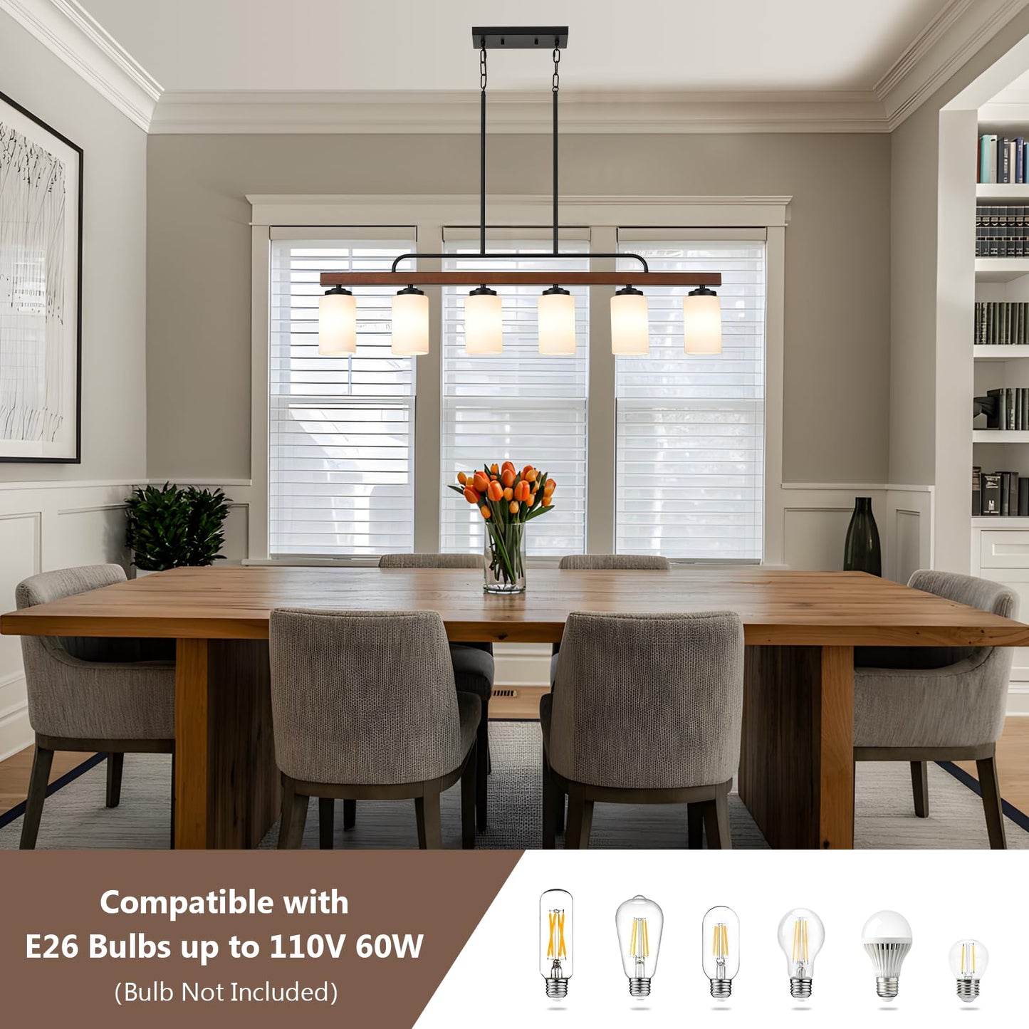 Farmhouse Dining Room Light Fixture Over Table, Black 6-Light Wood Kitchen Island Lighting with Milk White Glass, Industrial Linear Chandelier Pendant Lights
