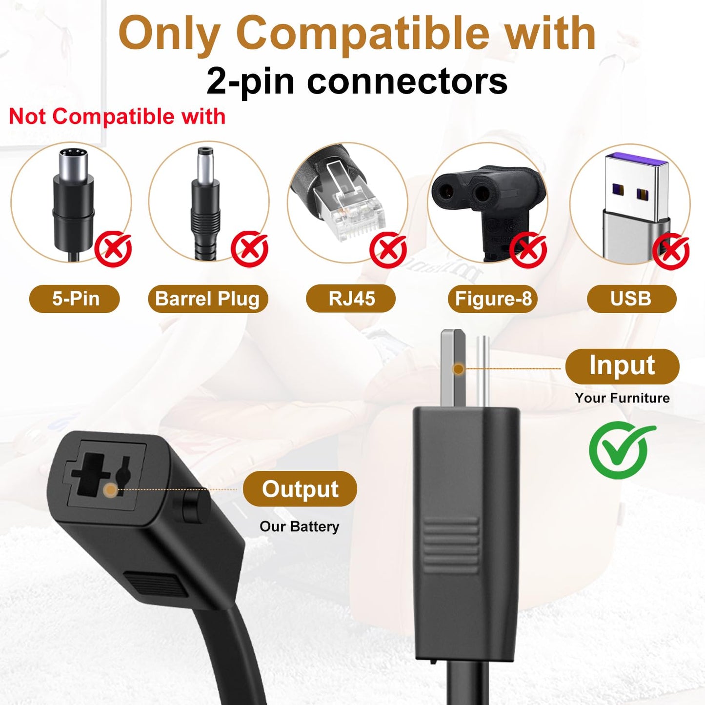 Xpopox 2 Pack Battery Packs for Reclining Furniture - 2500mAh with LCD Display for Electric Recliners, Power Sofas, Lift Chairs and Couch - only Compatible with 2-Pin Connector Motion Furniture
