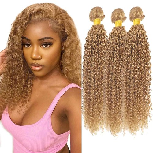 Fabimiya 18 20 22 Inch Human Hair Bundles Honey Blonde 27# Jerry Curly Bundles Human Hair 100% Unprocessed Soft Sewn In Hair with Double Weft for Black Women