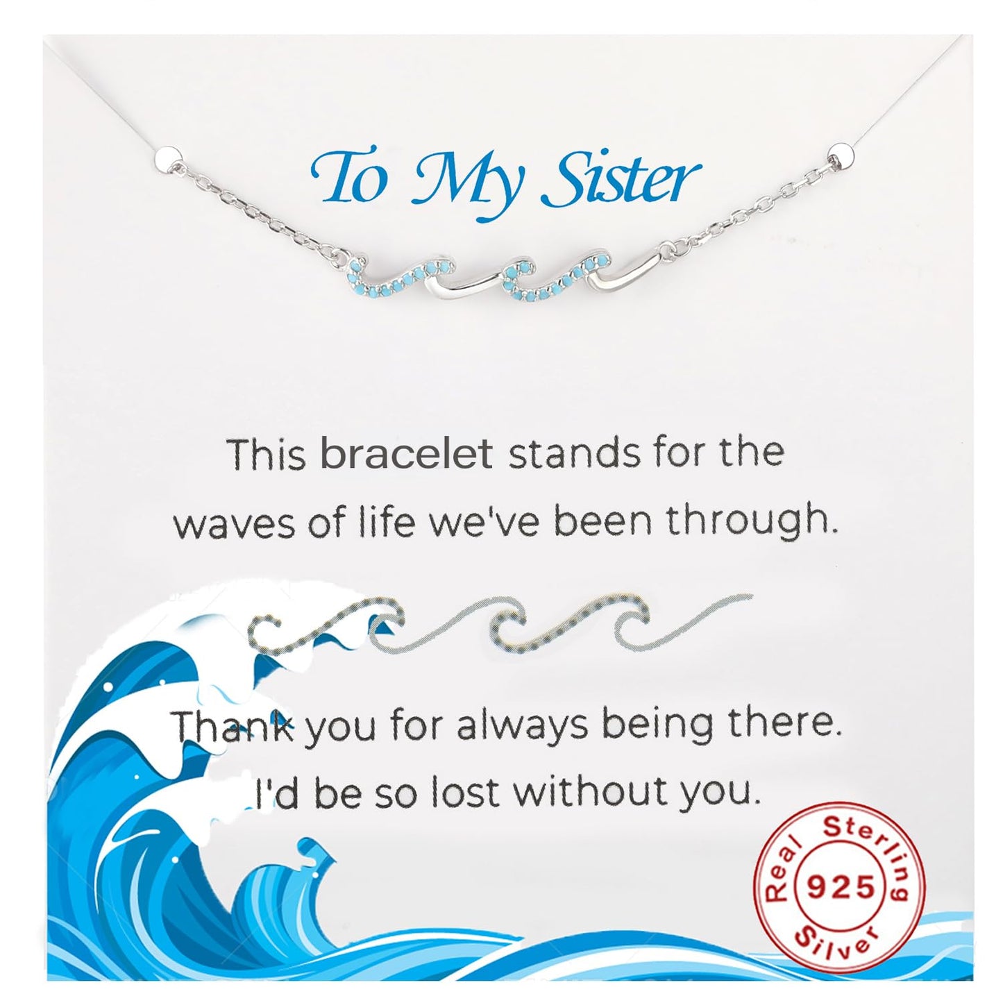 zocare Sister Birthday Gifts,Sterling Silver Wave Bracelet for Women with Gift Card, Sister Gifts from Sisters,Meaningful Sisters Bracelet for Chrismas,Anniversary,Thank's Giving