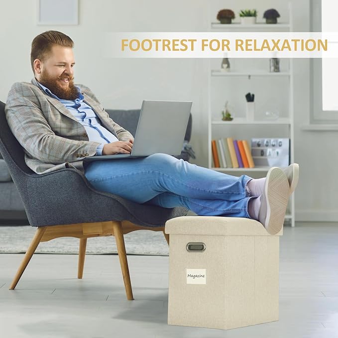 Emosoon Tall Ottoman with Storage Collapsible Fabric Small Slim Folding Ottoman Furniture with Handles Lid for Room Footrest Foot Stool Linen Beige 16.5x16.5x11.8in