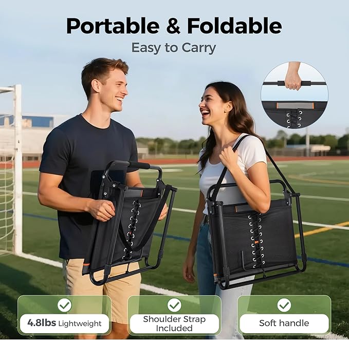 GREEN PARTY Portable Folding Stadium Seats Extra Wide 20.1" Chair for Bleachers Set of 2 with 2 Storage Pockets & Mesh Cup Holder, 600D Oxford Fabric Comfortable Padded Cushion Back Support Black