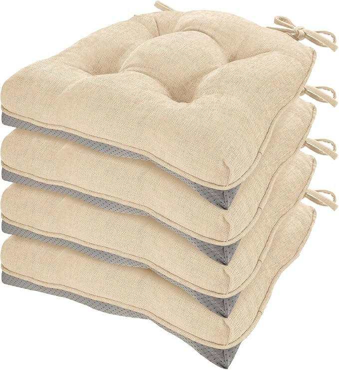 HARBOREST Chair Cushions for Dining Chairs Set of 4 - Chenille Tufted Kitchen Chair Cushions with Ties and Non-Slip Bottom, Foam Chair Pads for Dining Chairs, 17" x 17", Ivory